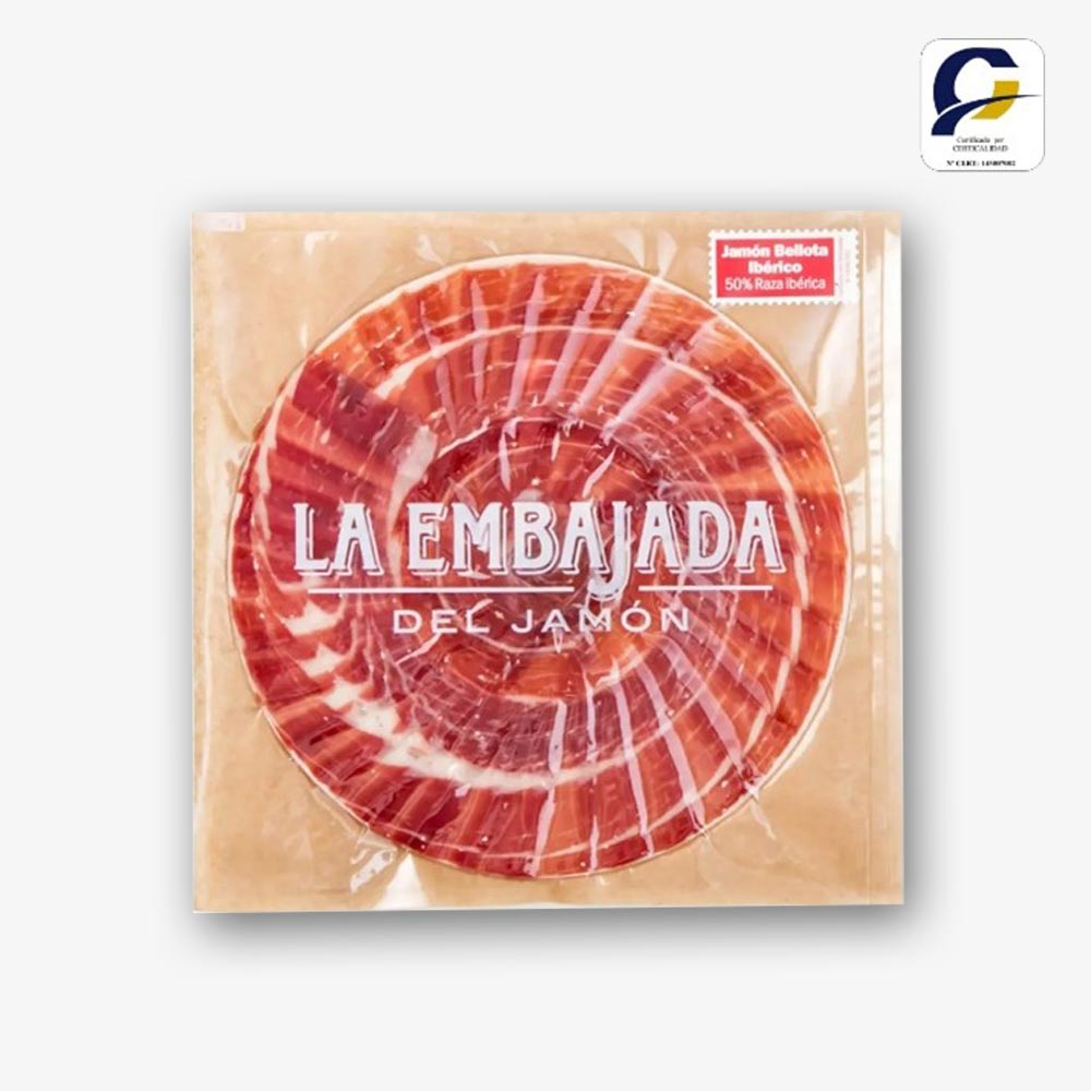 Jamón Bellota Ibérico 50% Raza Ibérica. +42 meses. Sobre 100g corte artesanal a cuchillo