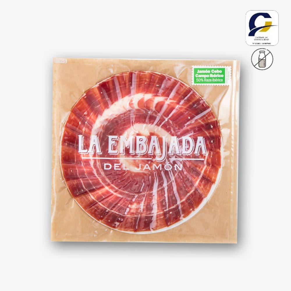 Jamón Cebo Campo Ibérico 50% Raza Ibérica. +30 meses. Sobre 100g corte artesanal a cuchillo